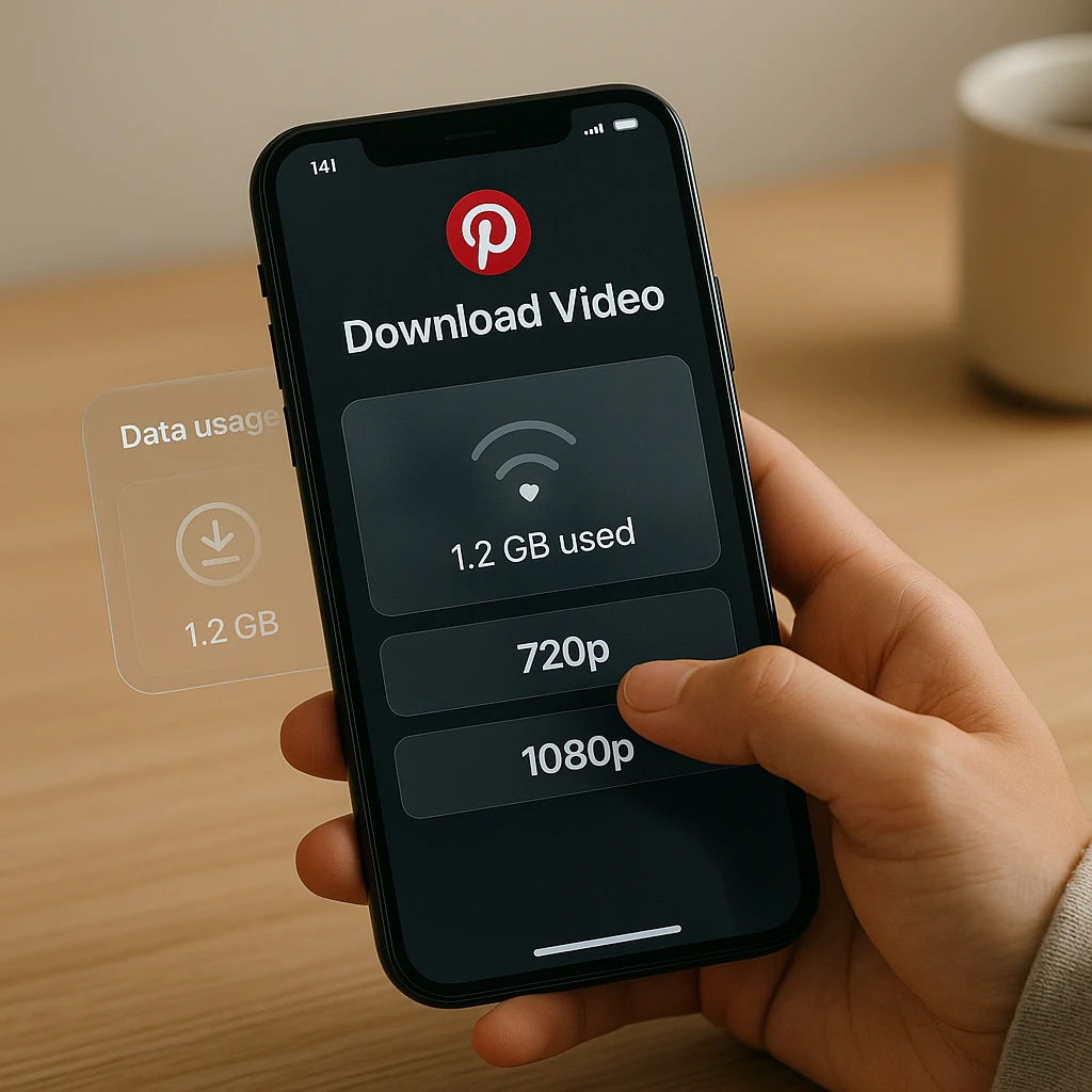 Person using smartphone to download Pinterest videos while checking data usage, mobile interface showing video quality options (360p, 720p, 1080p), modern minimalist setting with soft lighting, photorealistic style